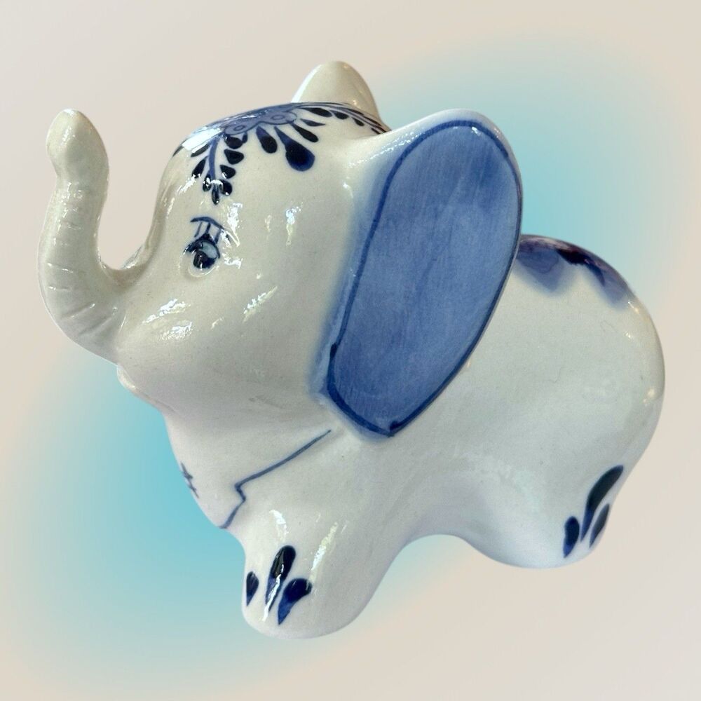 Aruba Souvenir Delft Blue Handpainted Ceramic Elephant Floral & Windmill Pattern - Picture 3 of 9